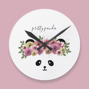 Redondo Relógio Infantil Urso Panda Floral Fofo