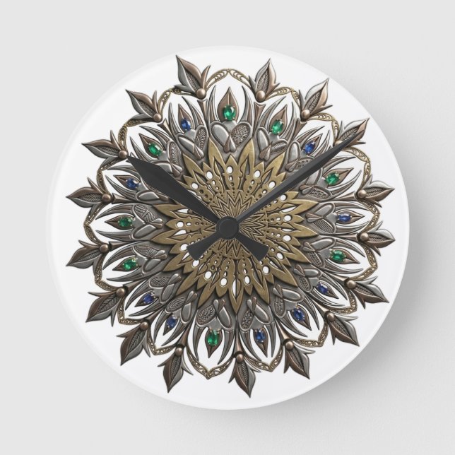 Redondo Relógio Mandala Pavão Elegante (Frente)