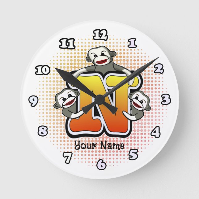 Redondo Relógio Monograma N Sock Monkey (Frente)