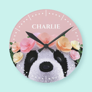 Redondo Relógio Personalizado de Urso Panda Floral Fofo pa