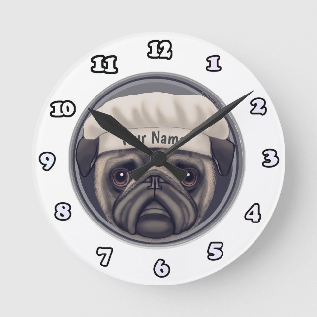 Redondo Relógio Pug Chef (Frente)