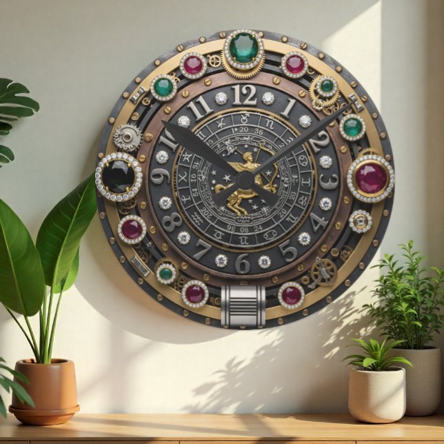 Redondo Relógio Sagitário, sinal zodíaco, Steampunk, gemas (Sagittarius Jeweled Wall Clock)