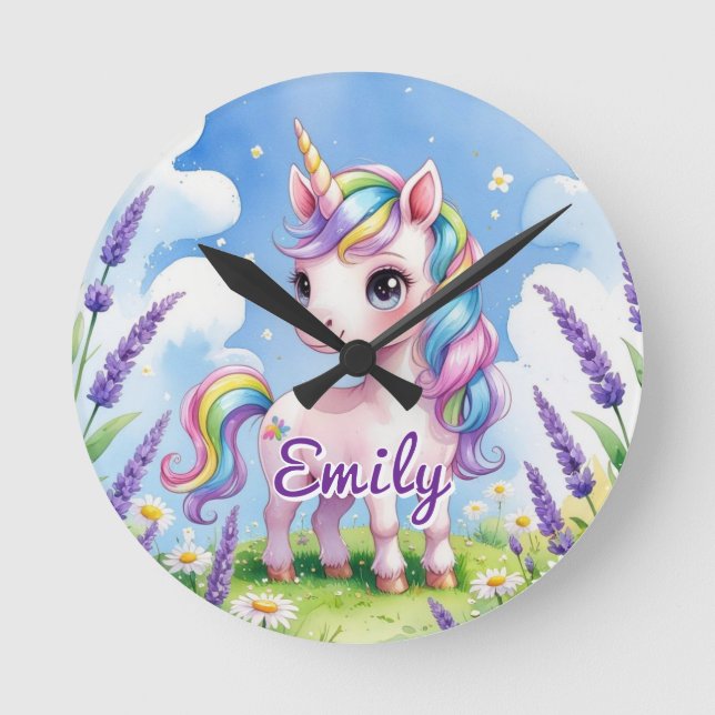 Redondo Relógio Unicórnio Campo de Lavanda Nome Editável (Frente)