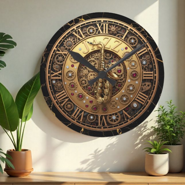 Redondo Saxofone, Relógio de Jazz, Marble Steampunk Indust (Saxophone, Jazz Wall Clock with industrial motive)