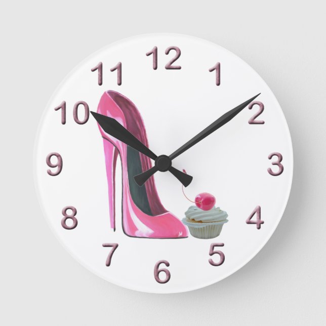 Redondo Stiletto rosa e Relógio de Arte do Cupcake de Cere (Frente)