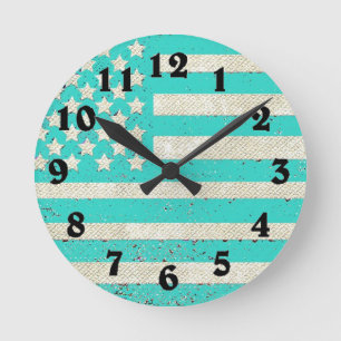 Redondo Teal grunge - relógio de bandeira americano