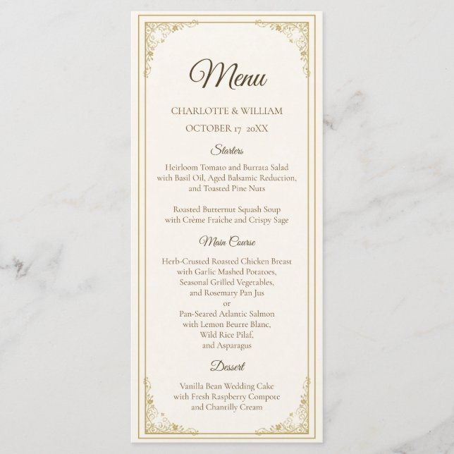 Refined Gold Frame Wedding Menu Card (Frente)