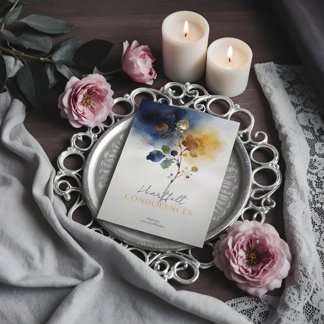 Refined Gold & Navy Blue Botanical Branch Sympathy (Refined Gold Effect & Navy Blue Botanical Branch Sympathy Cards Design. )