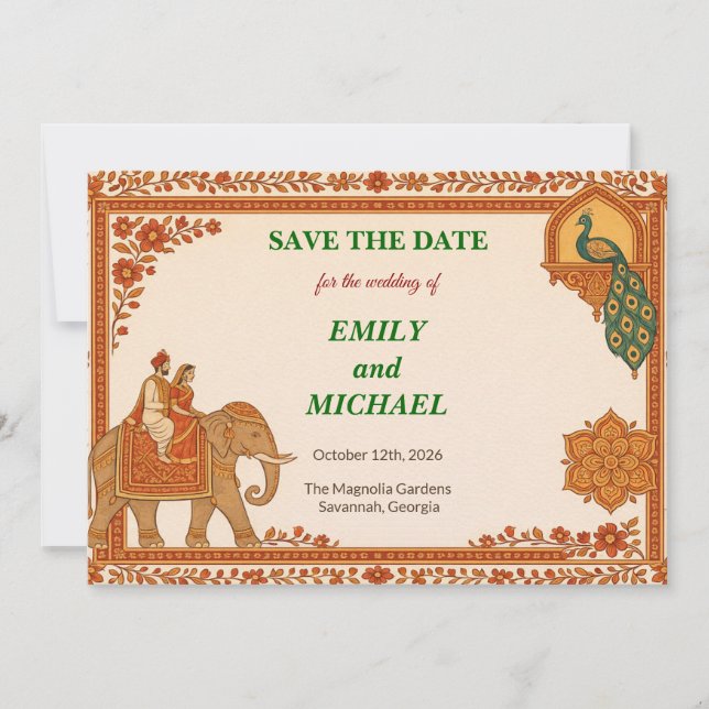 Regal Indian Elephant Gold & Saffron Save the Date (Frente)