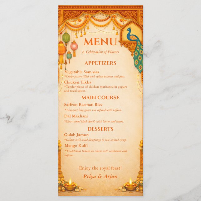 Regal Indian Wedding Menu Card | Gold & Saffron (Frente)