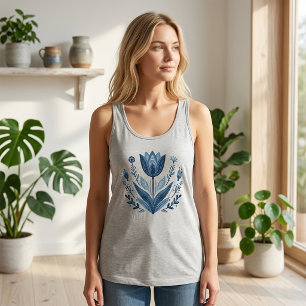 Regata Blusa sem Manga Feminina Boho Estética Floral Azul