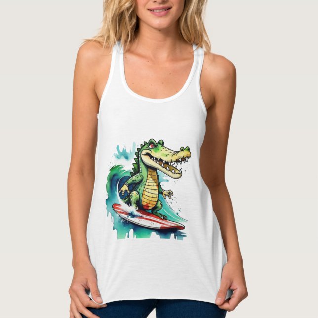 Regata Crocodilo engraçado surfando T-Shirt (Frente)