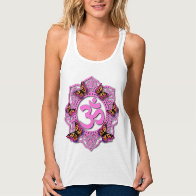 Regata Desenho de mandala ohm rosa elegante com borboleta (Frente)