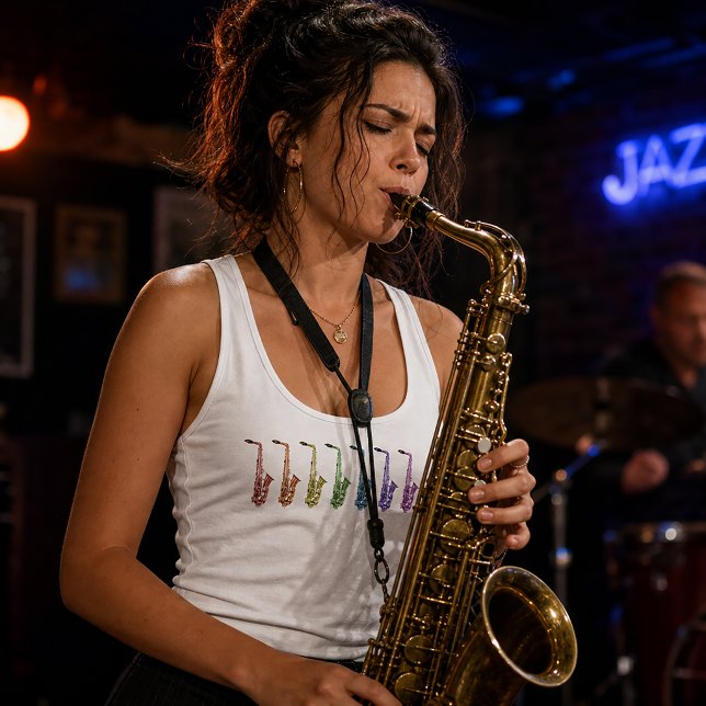 Regata Design Colorido de Saxofones em Linha (A tank top with a rainbow line up of alto saxophones.)