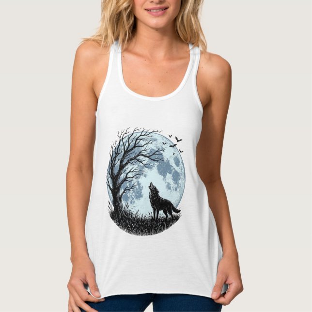 Regata Design Silhueta da Árvore da Lua Uivando Lobo Vint (Frente)