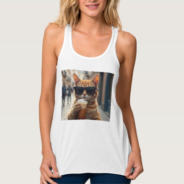 Regata Gato Bebendo Café Em Uma Rua (Frente)