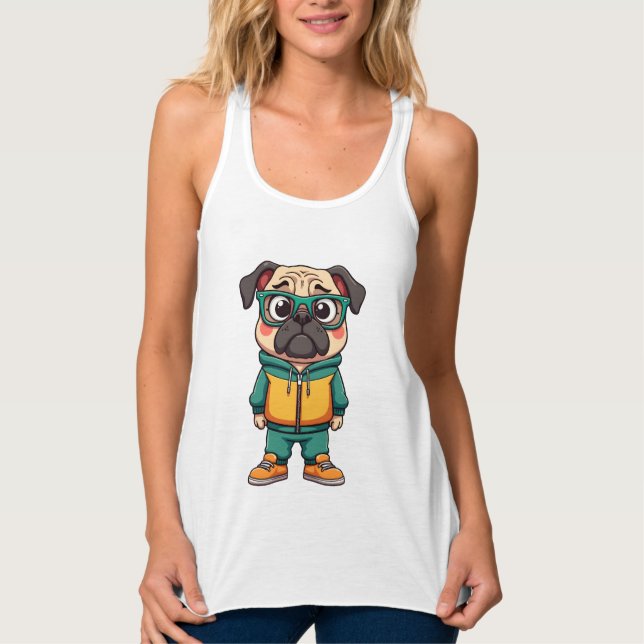 Regata Gráfico de Moda de Rua Cartoon de Pug Hipster Vint (Frente)
