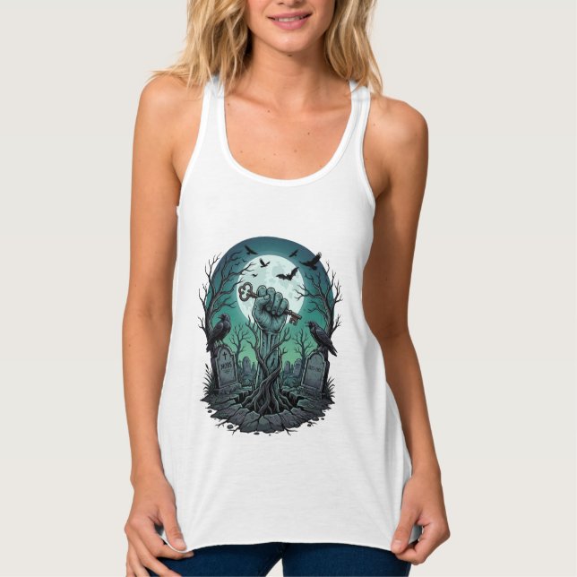 Regata Mão de Zumbi Mors Chave de Esqueleto Lápide Corvos (Frente)