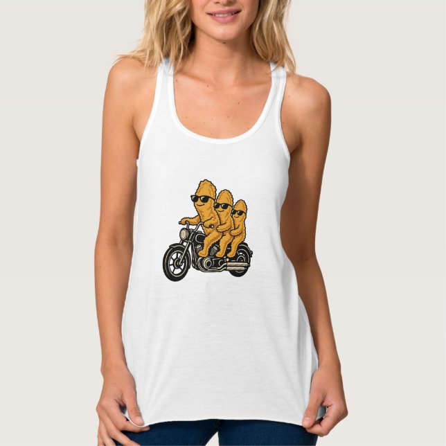 Regata Nuggets de Frango Engraçados Andando de Motociclet (Frente)
