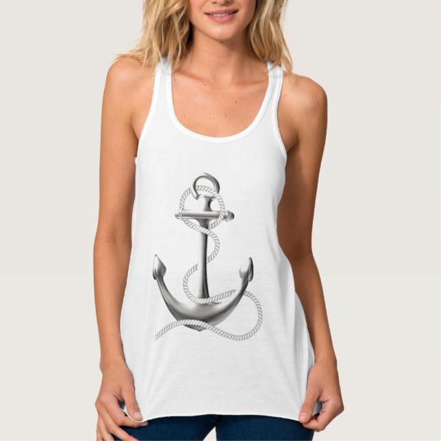 Regata Tanque náutico de âncora prateada da mulher, branc (Frente)