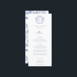 Regency Blue Crest Monograma Menu Casamento<br><div class="desc">Monograma de Crest Azul de Regência Vintage,  menu de casamento. Vintage inspirou a crista barroca com a coordenação da tipografia azul. Recursos,  elegante padrão floral do Jardim Chinoiserie com apoio.</div>