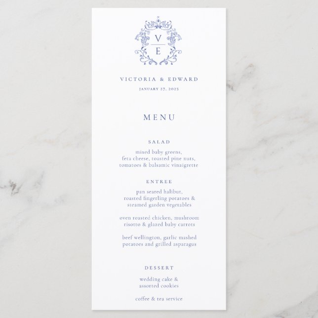 Regency Blue Crest Monograma Menu Casamento (Frente)