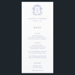 Regency Blue Crest Monograma Menu Casamento<br><div class="desc">Monograma de Crest Azul de Regência Vintage,  menu de casamento. Vintage inspirou a crista barroca com a coordenação da tipografia azul. Recursos,  elegante padrão floral do Jardim Chinoiserie com apoio.</div>
