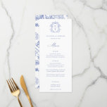 Regency Blue Crest Monograma Menu Casamento<br><div class="desc">Monograma de Crest Azul de Regência Vintage,  menu de casamento. Vintage inspirou a crista barroca com a coordenação da tipografia azul. Recursos,  elegante padrão floral do Jardim Chinoiserie com apoio.</div>