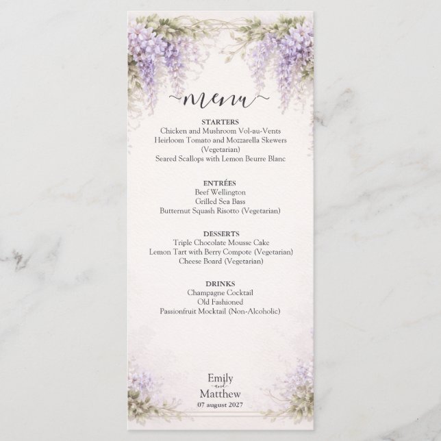 Regency Wisteria Wedding Menu Card (Frente)