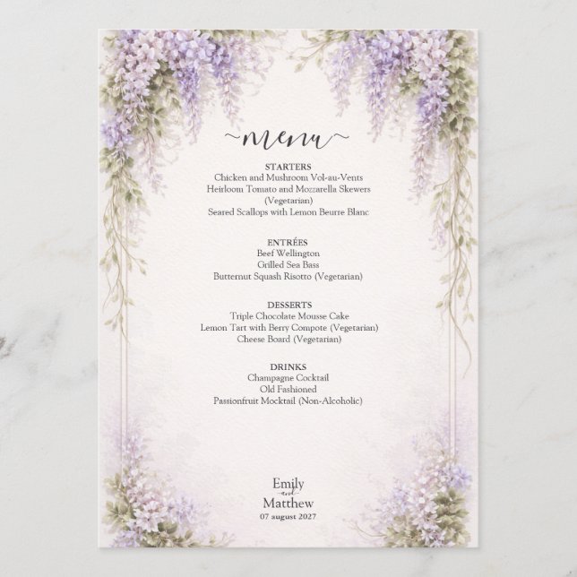 Regency Wisteria Wedding Menu Card (Frente)