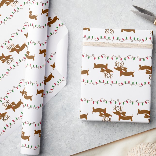 Reindeer Dachshund — Papel de embrulho para presen (Dachshund gift wrap for wiener dog lovers. Featuring our weendeer dachshund and Christmas lights.)