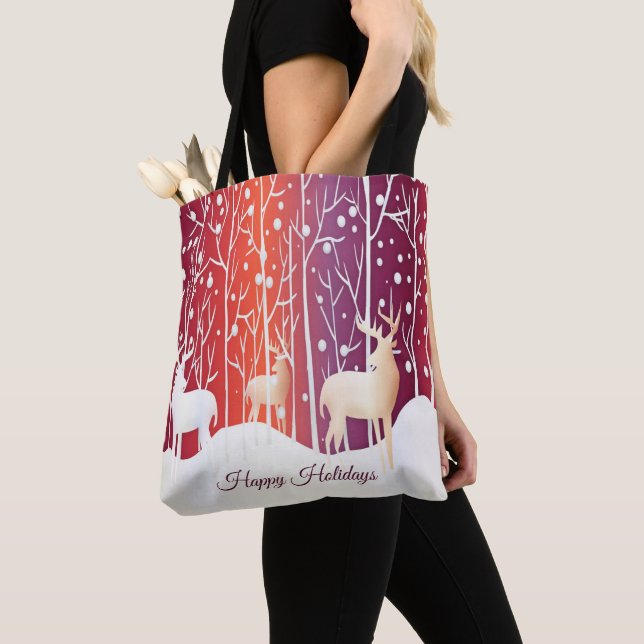 Reindeer Snowy Holiday Tote Bag (Close Up)