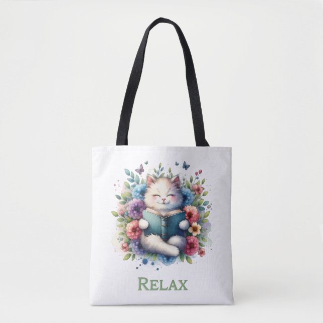 “Relax” cat reading tote bag (Frente)