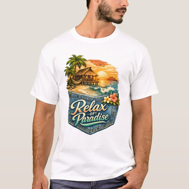 Relaxe no Paraíso – Camiseta Básica Fuga Tropical (Frente)