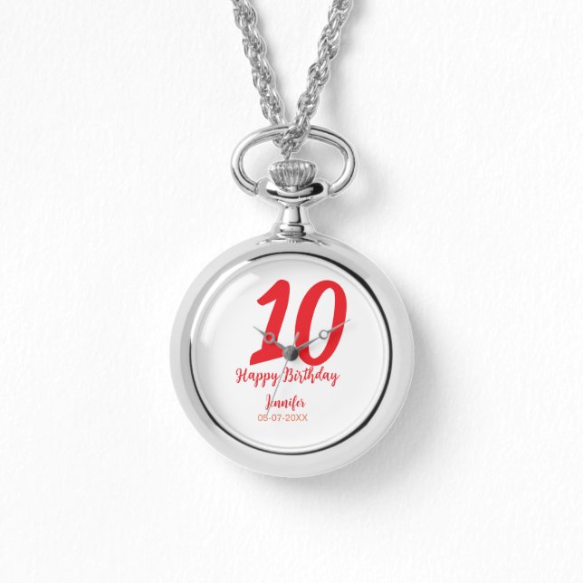Relógio 10.º aniversário adicionar nome data ano vermelho  (Frente)