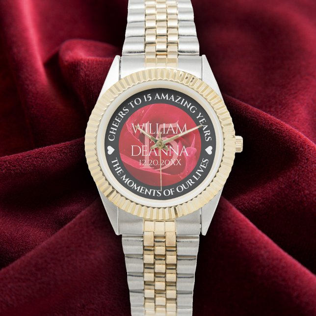 Relógio 15 26º aniversário de casamento do Rosa Elegante (Elegant 15th Rose Wedding Anniversary Wristwatch Cover Photo)