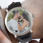 Relógio 3º Aniversário de Casamento Foto Leather Watch<br><div class="desc">Guarda personalizada de couro para o seu 3º aniversário de casamento (ou personalize o que quiser!). O modelo está configurado para que você adicione sua própria foto e você também pode editar todo o texto se desejar. O texto fica em uma camada de borda semitransparente acima da sua foto. O...</div>