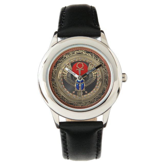 Relógio [500] Scarab Dourado Egípcio Alado Sagrado com Ank (Frente)