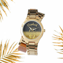 Relógio 70 aniversário dourado negro nome arco elegante