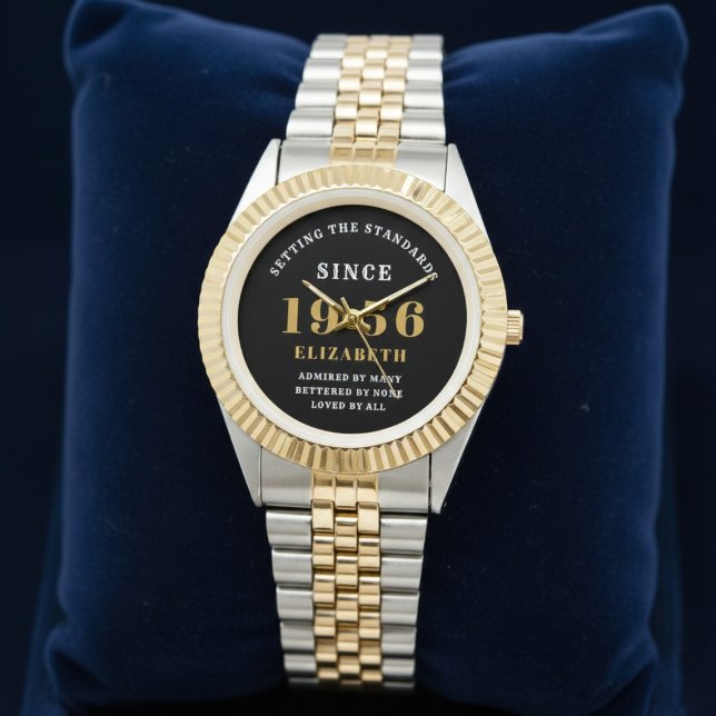 Relógio 70th Birthday 1956 Elegant Black White Chic (Born 1956 birthday watch on a blue background.)