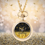 Relógio 80 aniversário dourado negro nome arco elegante<br><div class="desc">Elegante, clássico, glamouroso e feminino. Um arco e fita coloridos de ouro, um pouco de bico e luxo para um presente de aniversário ou guarnição. Fundo preto. Modelos para o nome dela e os 80 anos. O nome é escrito com um moderno estilo escrito à mão. Números coloridos do ouro...</div>