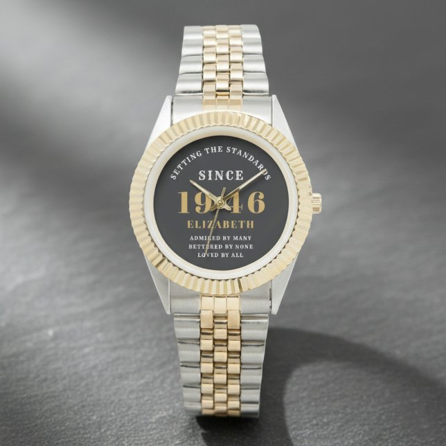 Relógio 80th Birthday 1946 Elegant Black White Chic (Born 1946 birthday watch. Grey background)