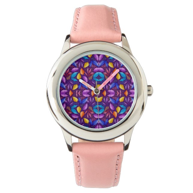 Relógio A stylish watch with a vibrant purple and floral (Frente)