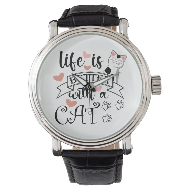 Relógio A vida é melhor com um slogan de citação do Cat (Frente)