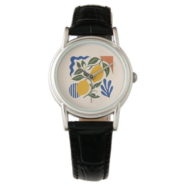 Relógio Abstract Lemon Leaves Boho Blue Cream Watch (Frente)