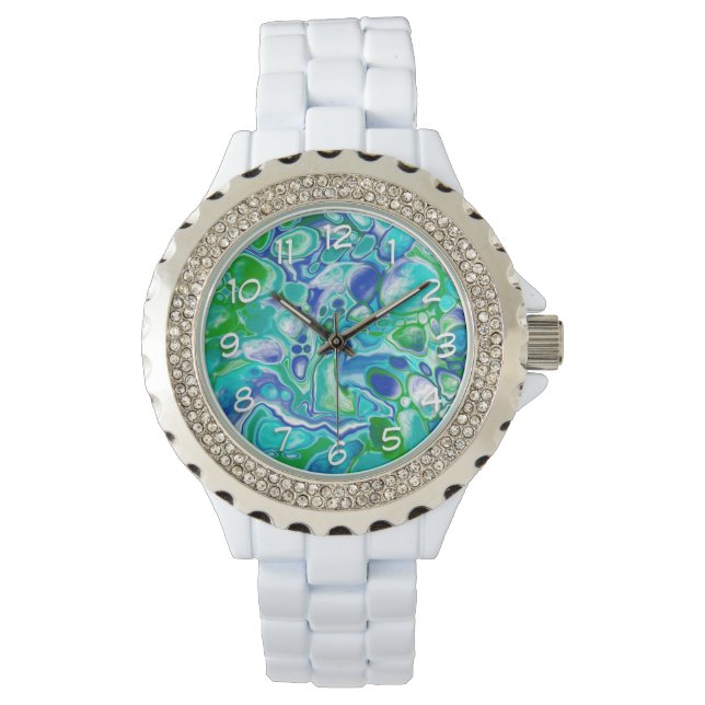 Relógio Abstrato de Arte Fluida Marble Azul e Verde (Frente)