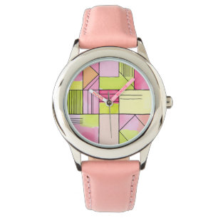 Relógio Abstrato de retalhos rosa e verde-limão