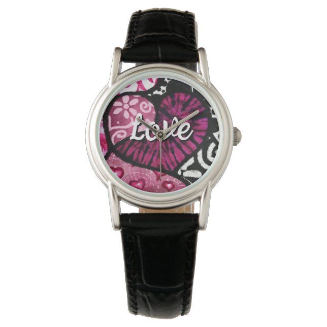 Relógio Abstrato Love Heart Pink Floral Bolinhas Pretas (Frente)