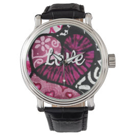 Relógio Abstrato Love Heart Pink Floral Bolinhas Pretas