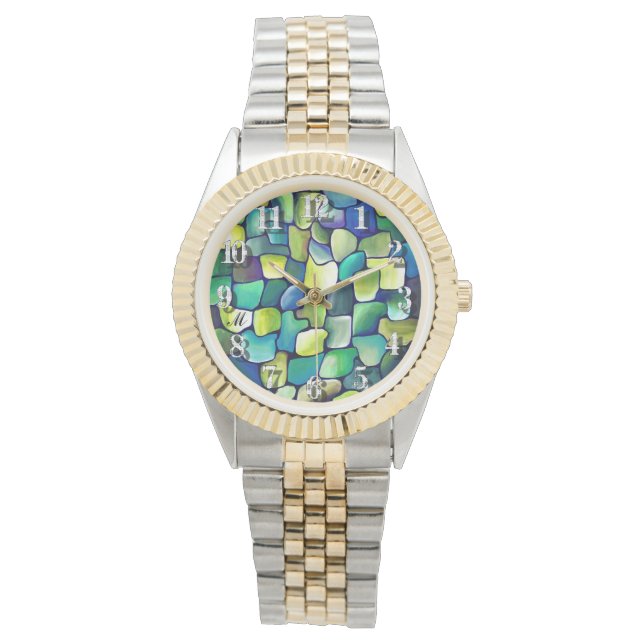 Relógio Abstrato verde de monograma Azulejo verde aquarela (Frente)